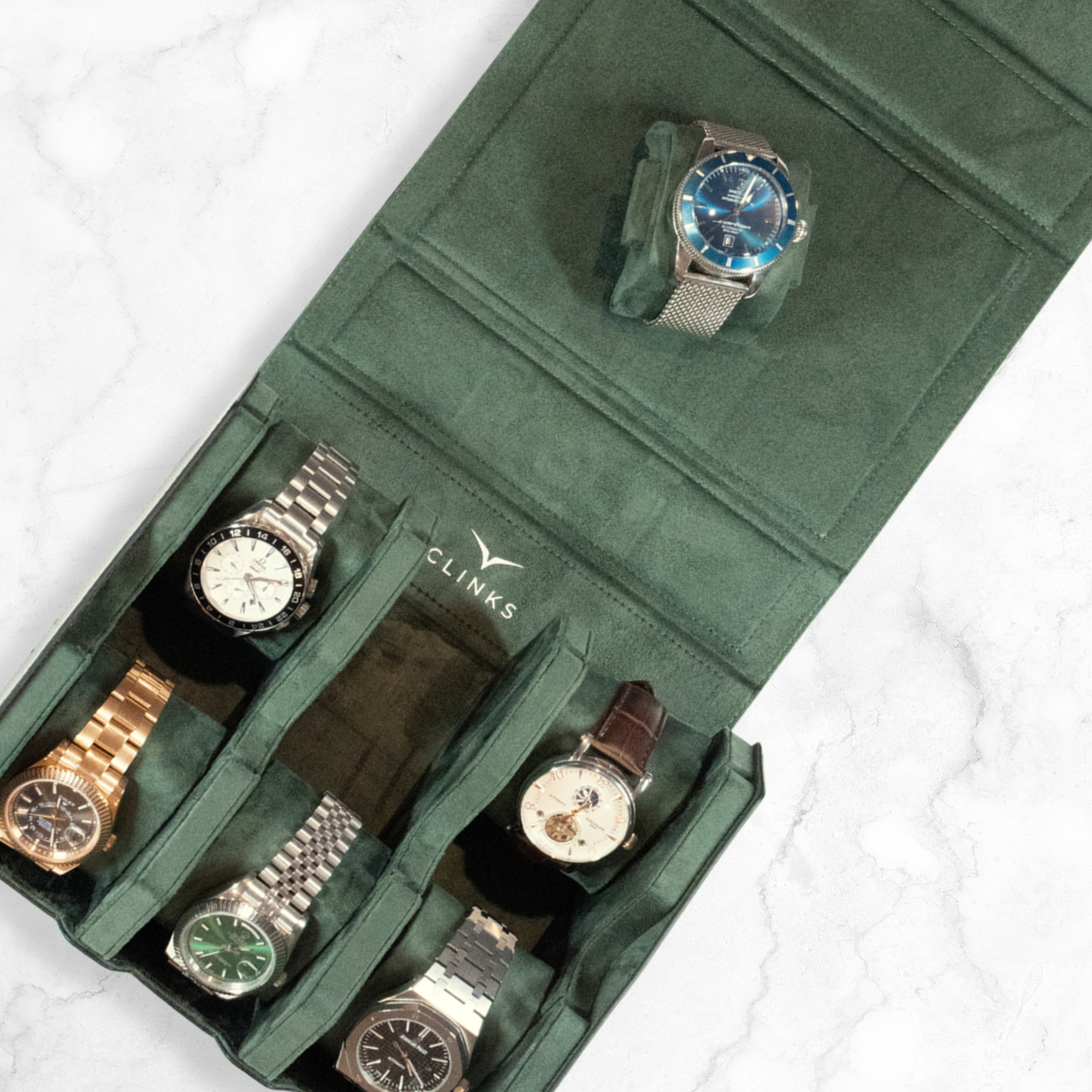 Seconds - Hex Leather Watch Roll 6 Slots in Black/Green