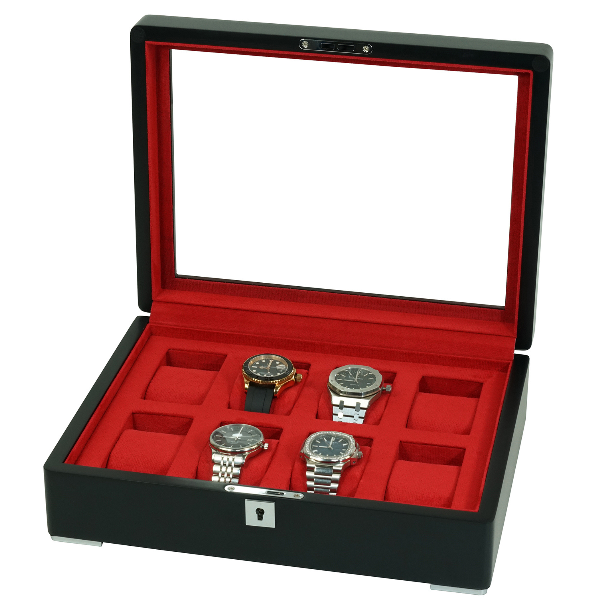 8 Slot Black Wooden Watch Box with Red Interior