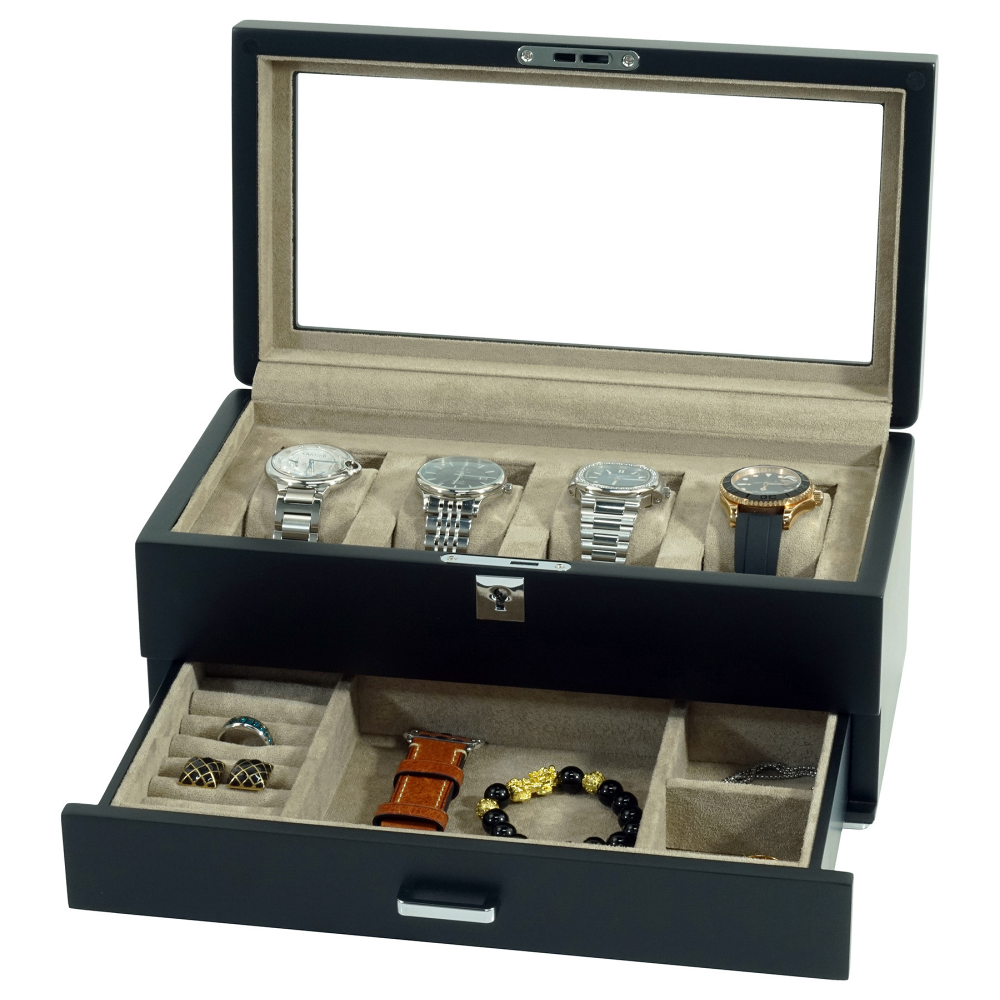 4 Slots Wooden Watch Box with Taupe Interior and Drawer