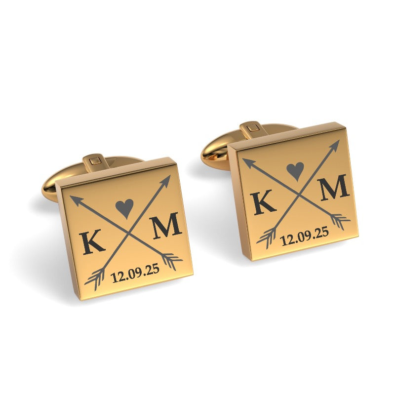 Crossed Arrows with Love Heart, Initials and Date Engraved Cufflinks