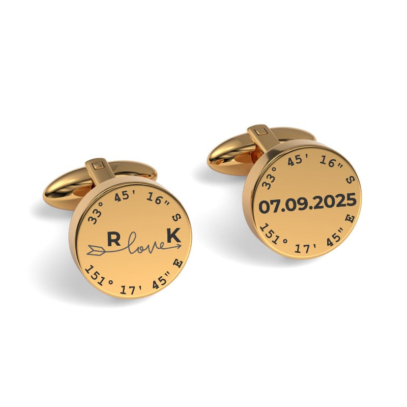 Latitude, Longitude, Initials & Date Round Engraved Cufflinks