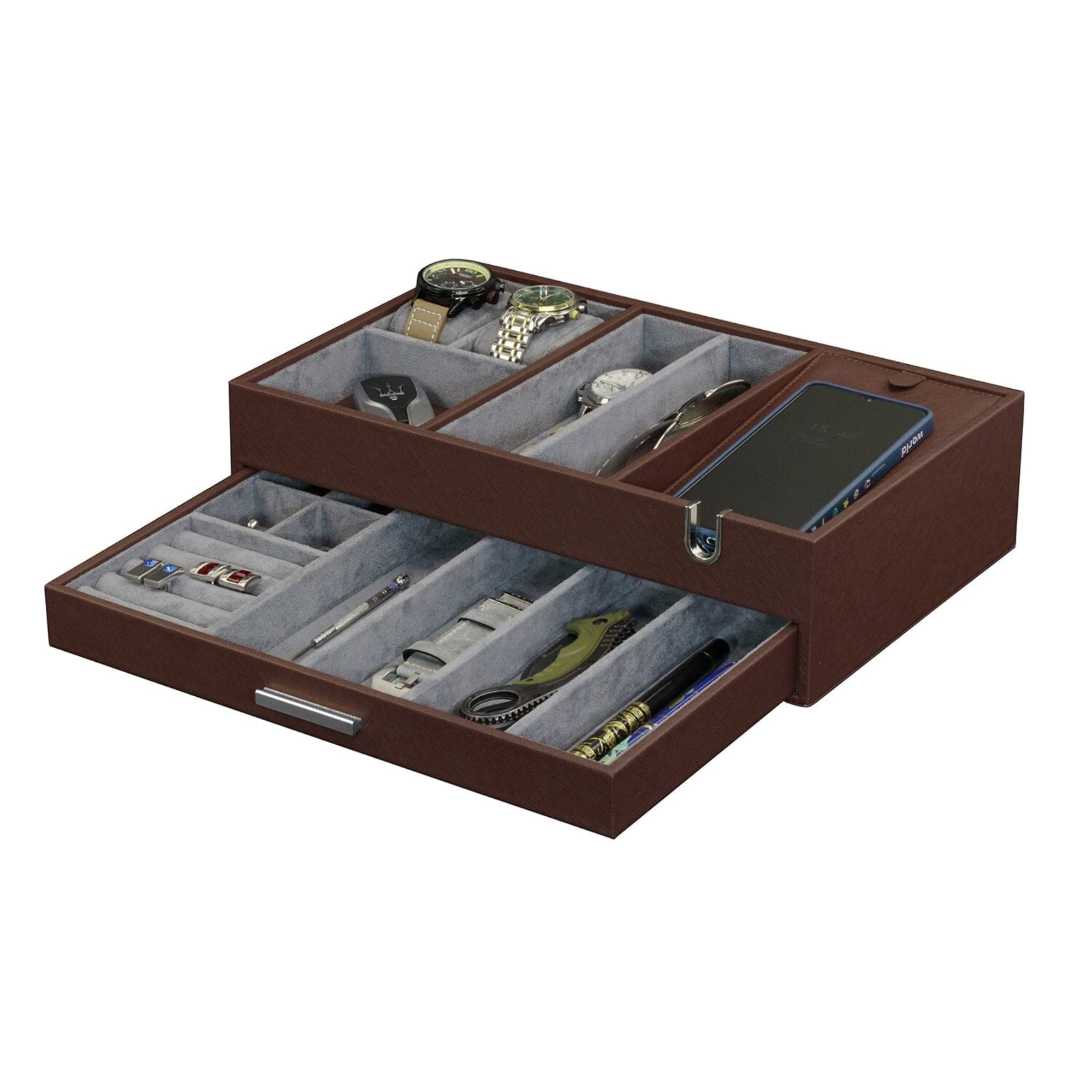 Leather Valet Tray with Drawer in Brown Watch Boxes Clinks 