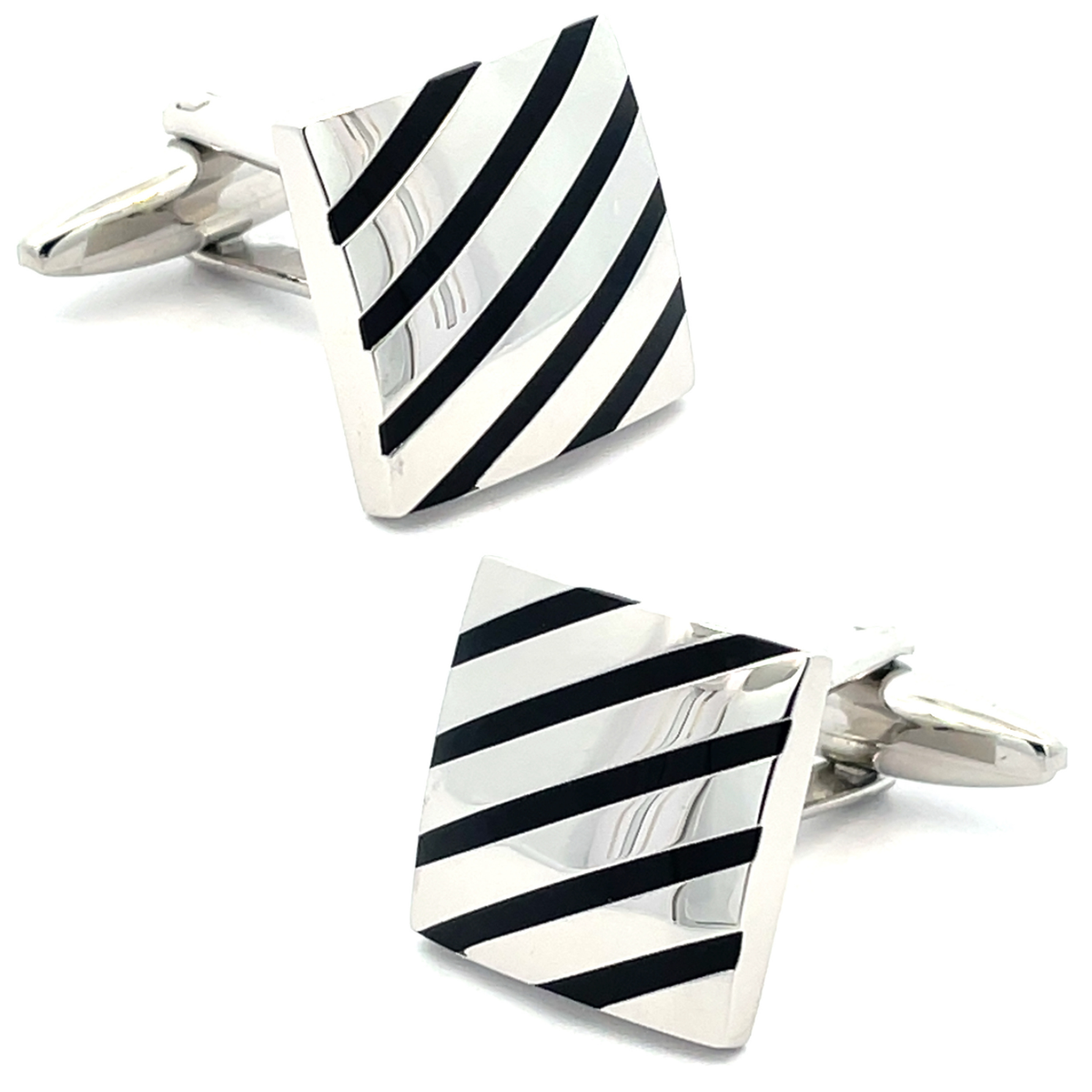 Black Diagonal Stripes on silver Cufflinks