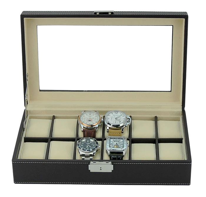 Dark Brown Leather Watch Box for 12 Watches Watch Boxes Clinks 