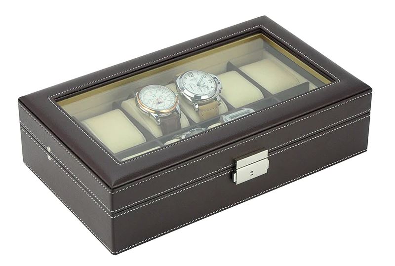 Dark Brown Leather Watch Box for 12 Watches Watch Boxes Clinks 