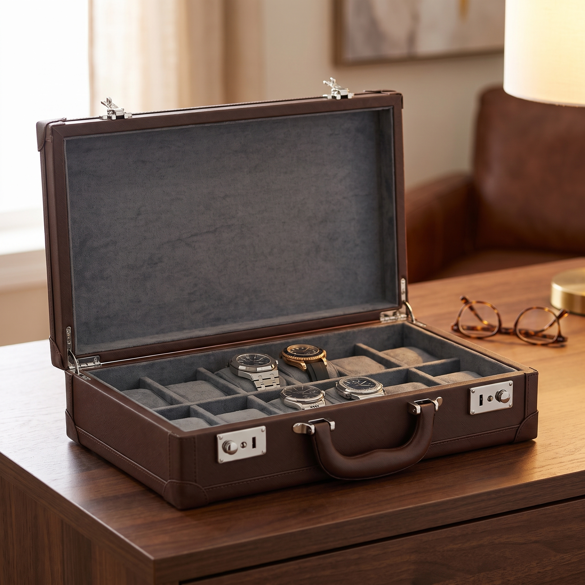 12 Slots Brown Leather Watch Case — lifestyle shot