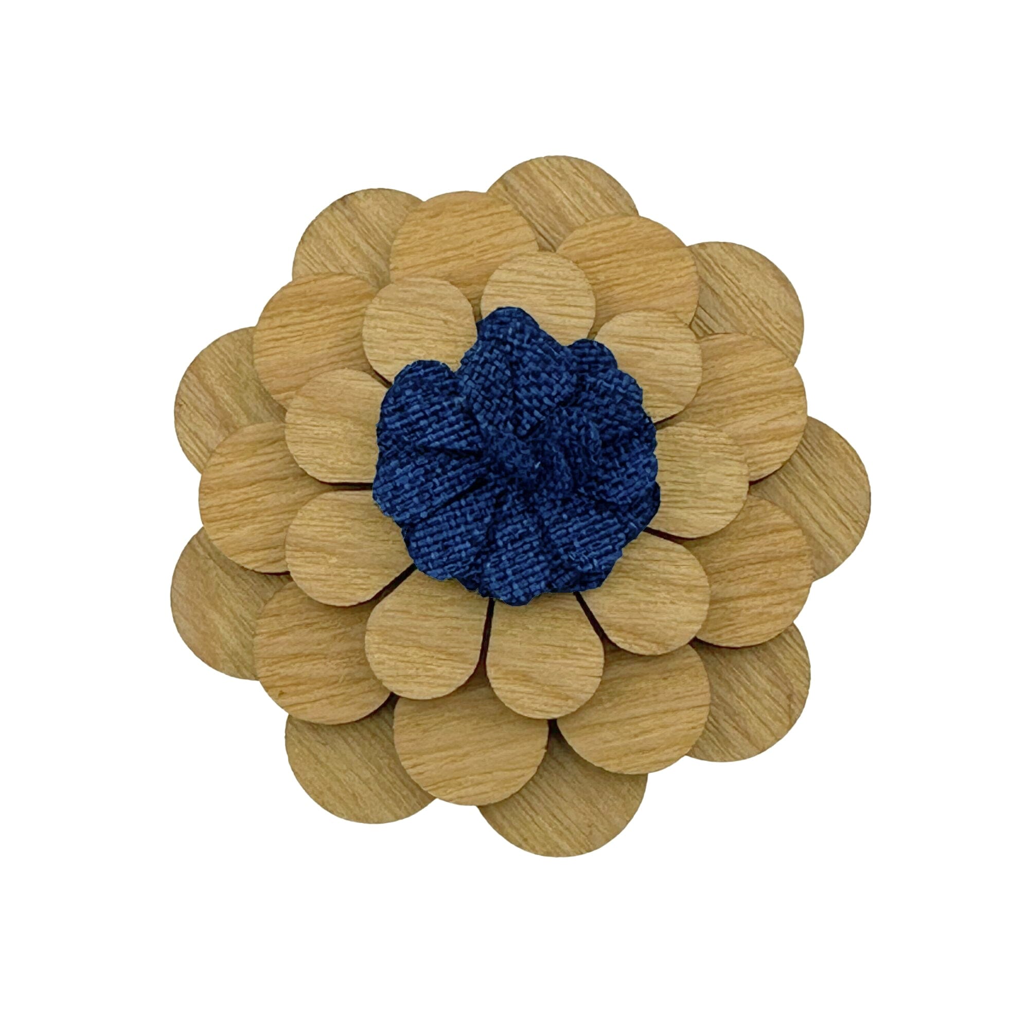 Wooden Flower with Blue Fabric Centre Lapel Pin Lapel Pin Clinks 