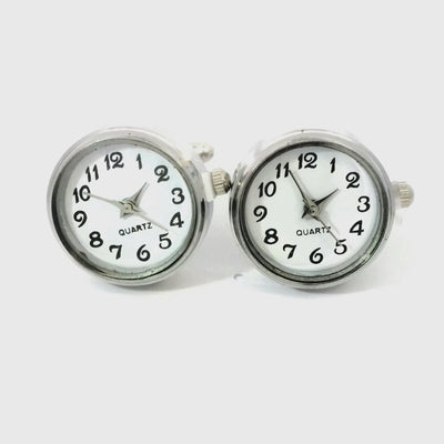 Round White Faced Working Clock Watch Silver Cufflinks
