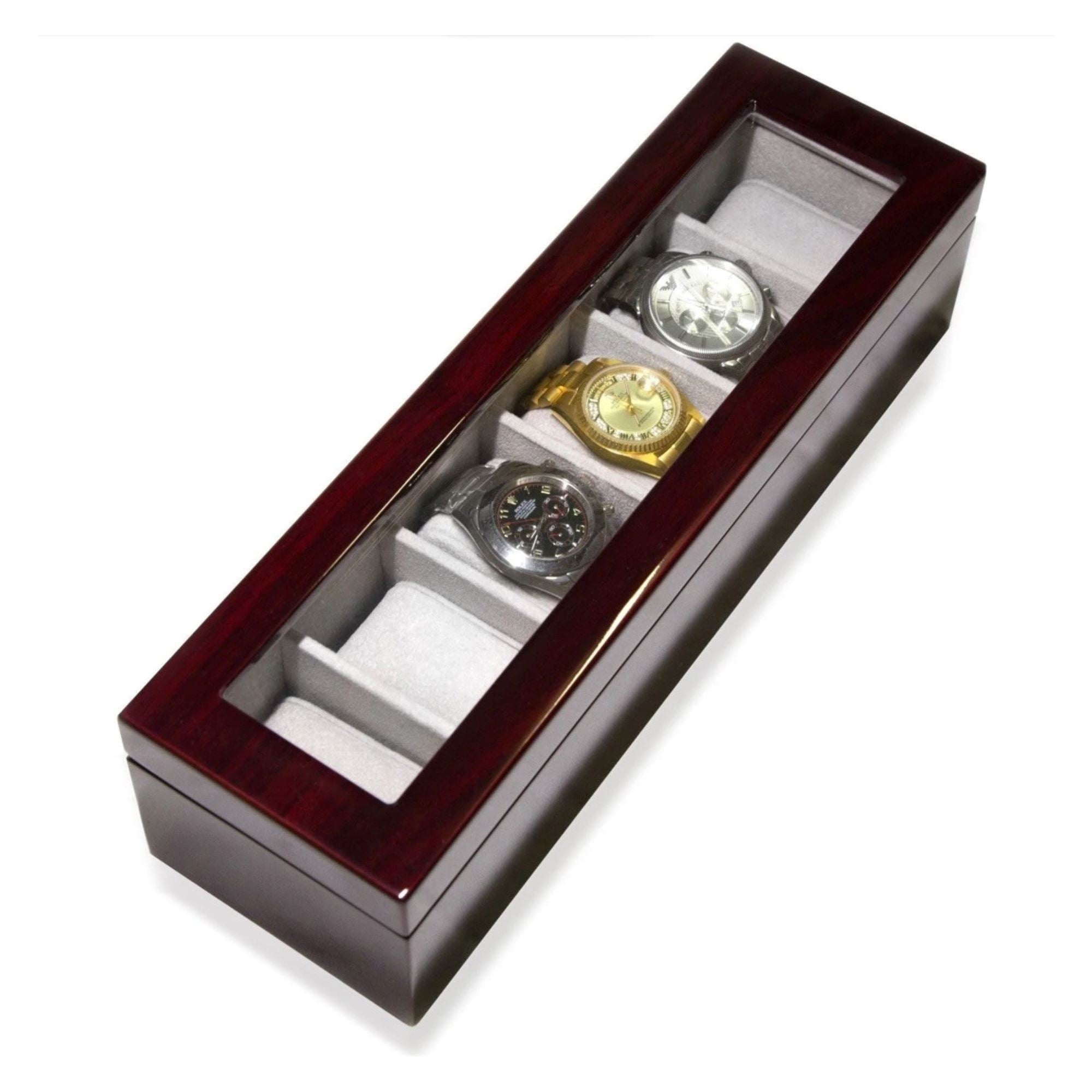 Seconds - Long Watch Box with Glass Top 6 Compartments in Mahogany (a) Seconds Clinks 