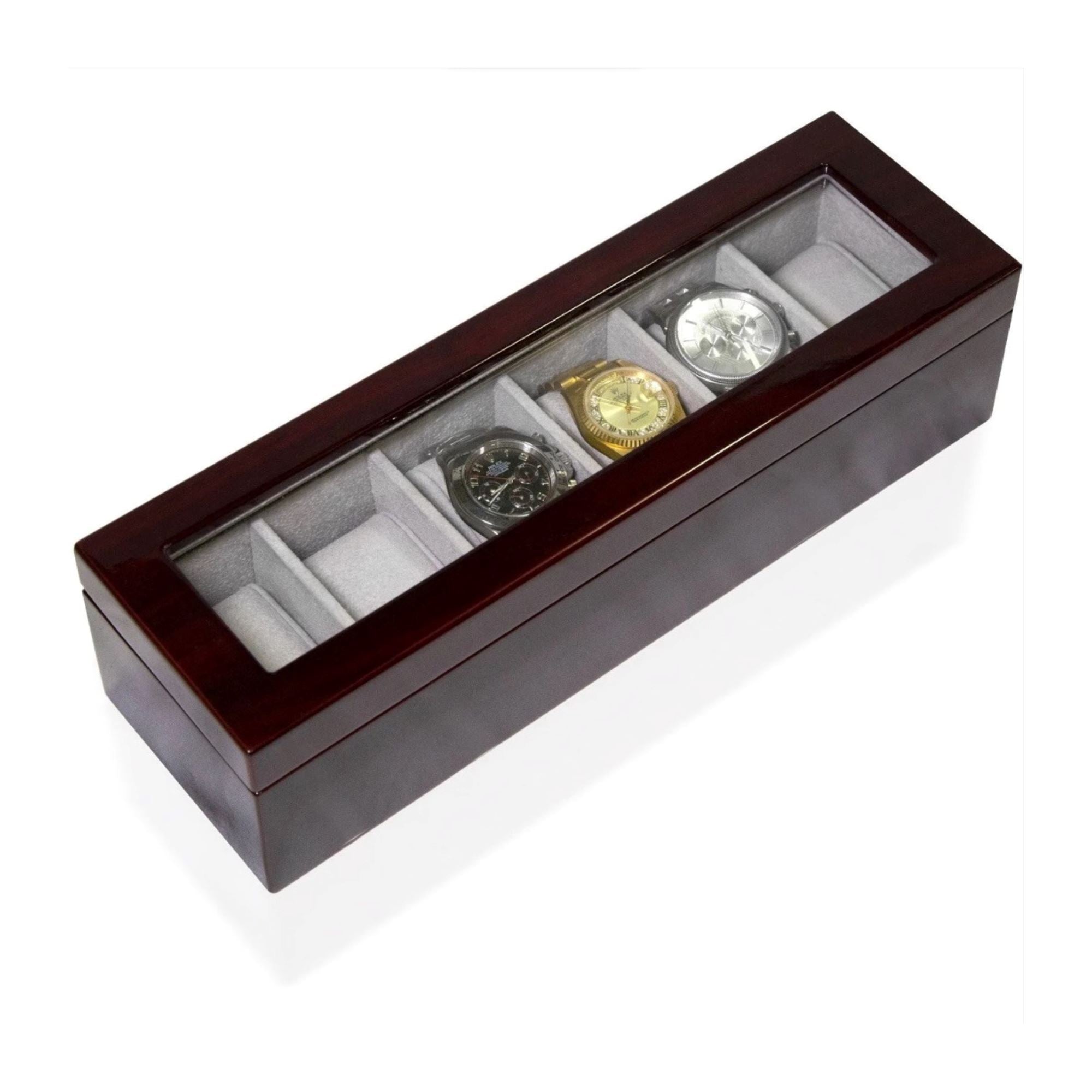 Seconds - Long Watch Box with Glass Top 6 Compartments in Mahogany Seconds Clinks 