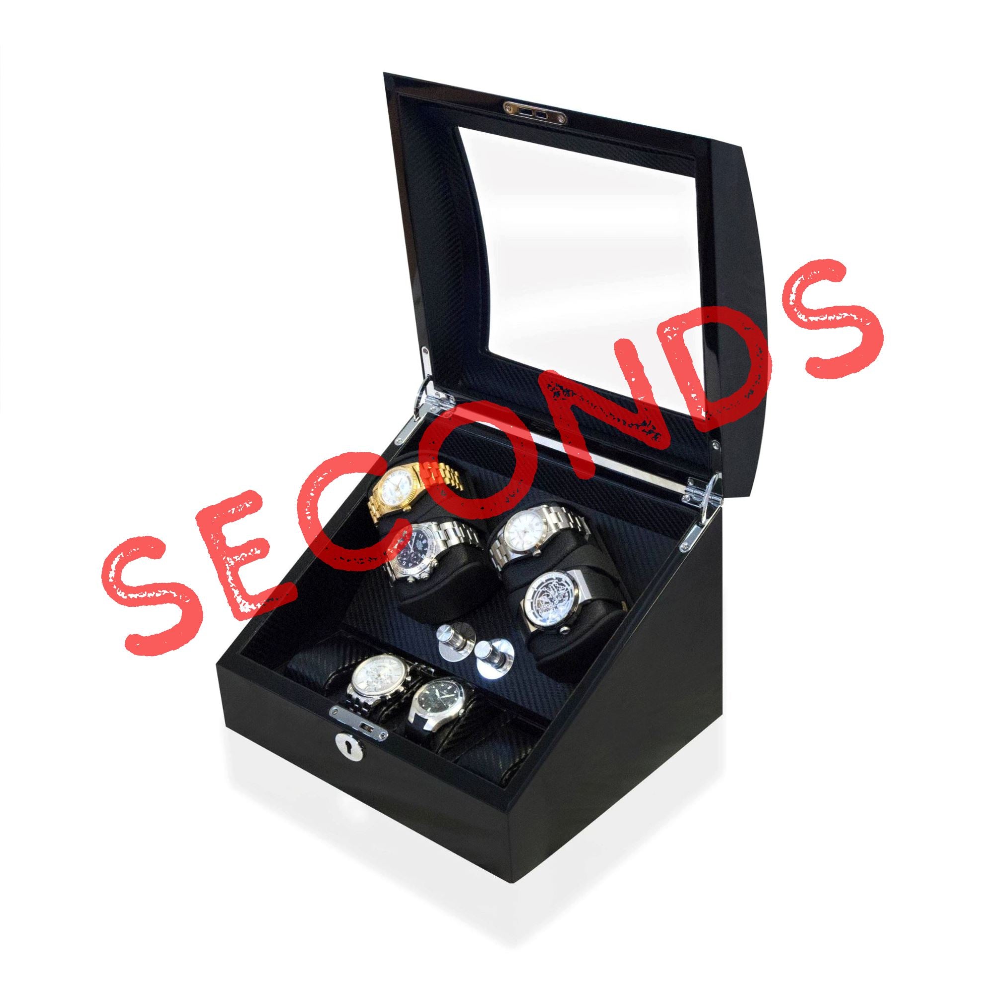 Seconds - Avoca Watch Winder Box 4 + 4 Watches in Black - Carbon Fibre Interior (b) Seconds Clinks 