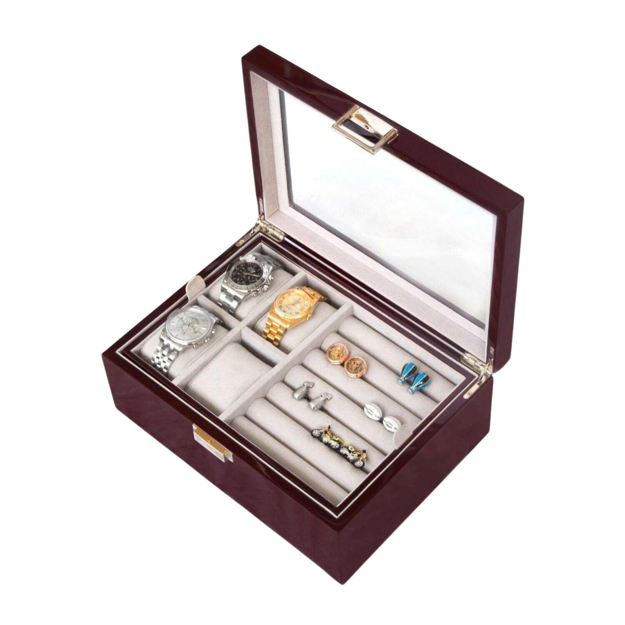 Seconds - 50 Pair Cufflink and Watch Box Double Decker Mahogany (a) Seconds Clinks 