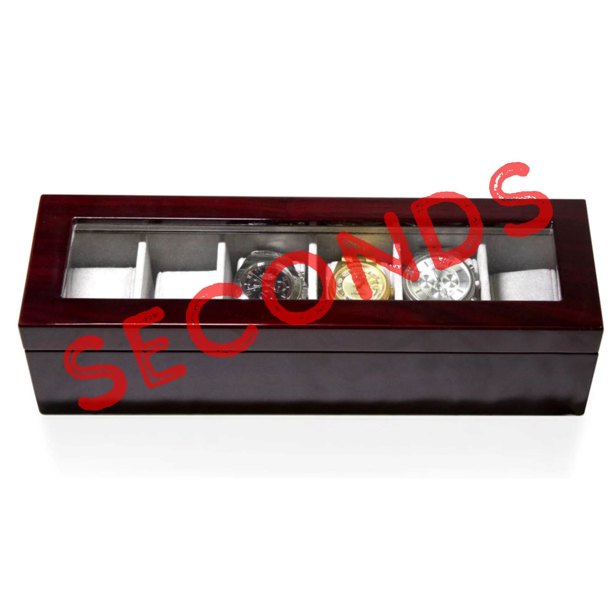 Seconds - Long Watch Box with Glass Top 6 Compartments Mahogany (b) Seconds Clinks 