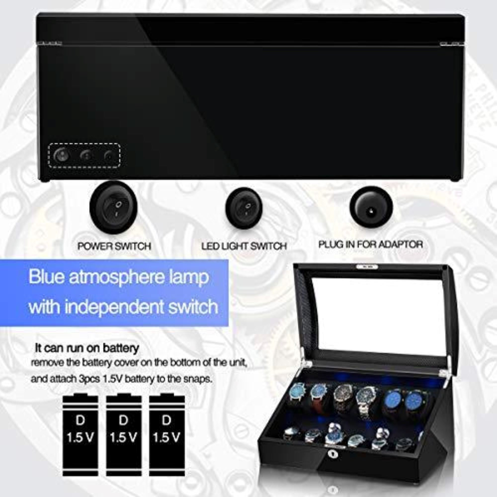 Seconds - Avoca Watch Winder Box 6 + 6 Watches in Black with Carbon Fibre Interior (f) Seconds Clinks 