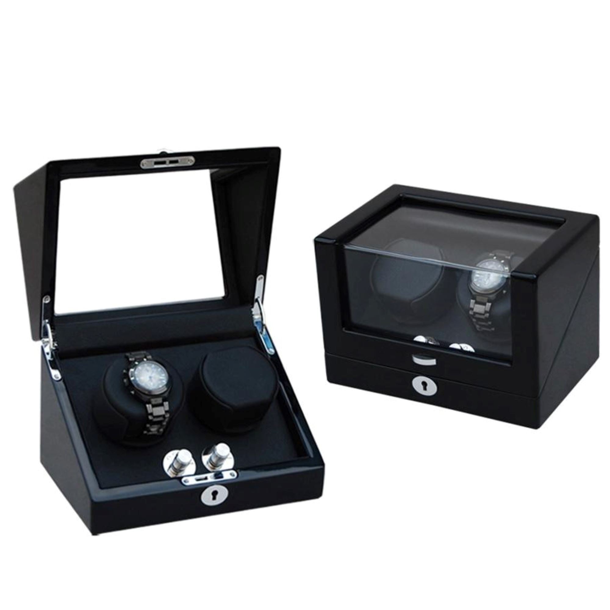 Seconds - Waratah Black Carbon Fibre Watch Winder Box for 2 Watches (f) Seconds Clinks 