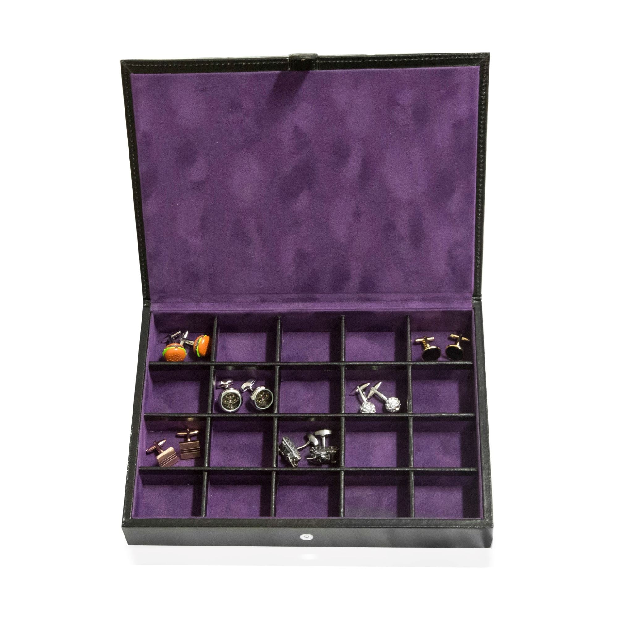 Seconds - 20 pair Bonded Leather Black/Purple Cufflink Storage Box Seconds Clinks Australia 