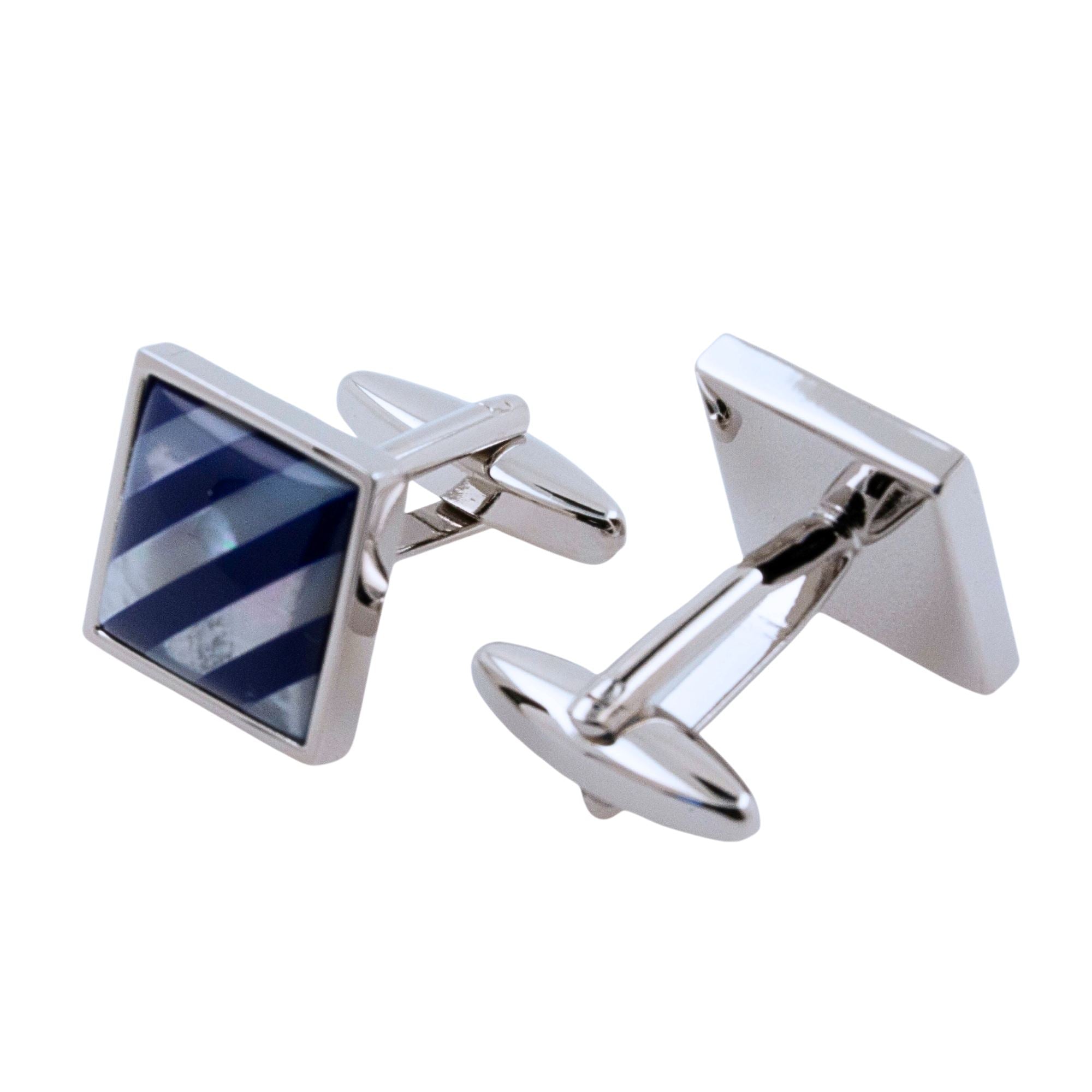 Navy Blue Diagonal Stripes on Mother of Pearl Cufflinks Classic & Modern Cufflinks Clinks Australia 