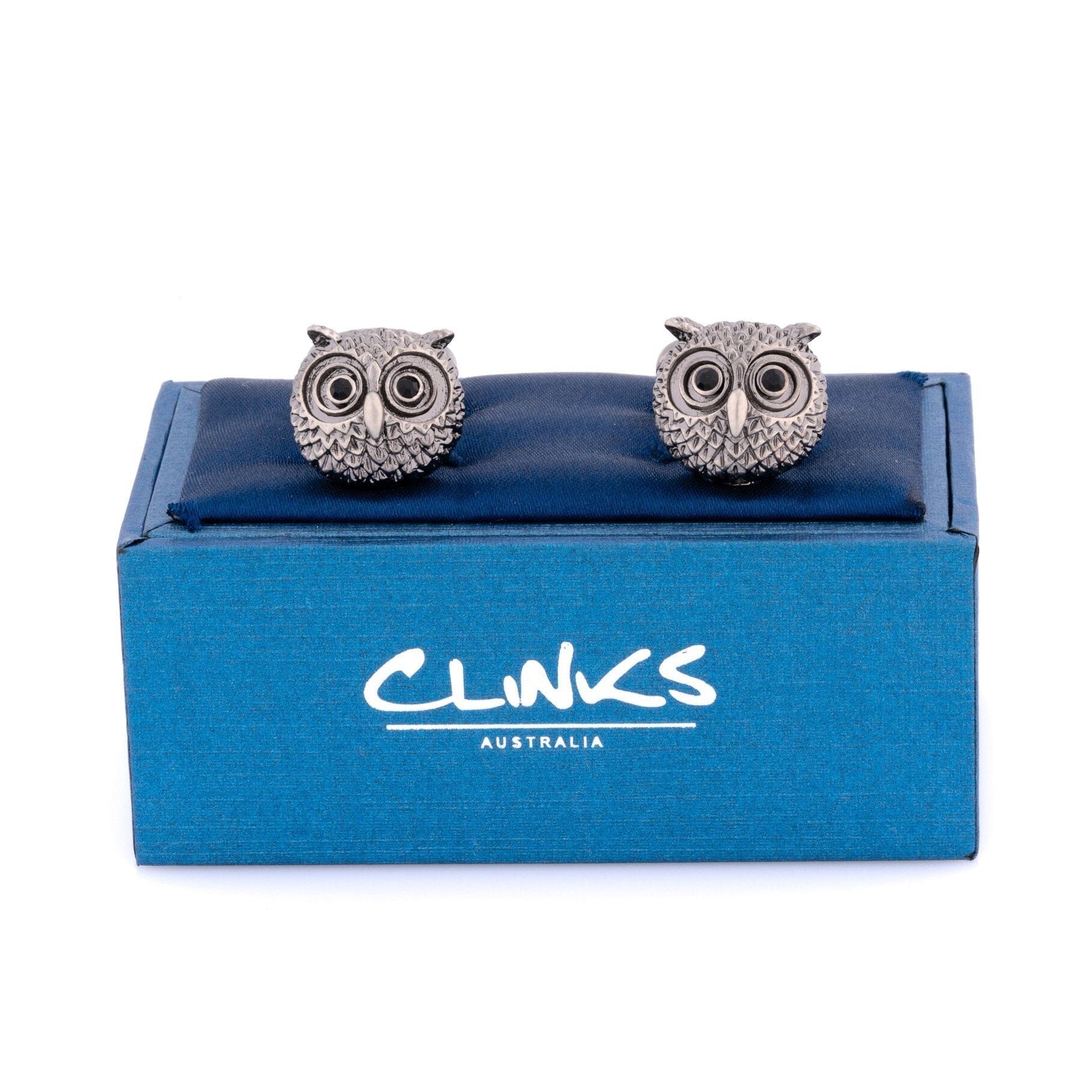 Silver Textured Owl Head Cufflinks with Black Crystal Eyes Novelty Cufflinks Clinks Australia 