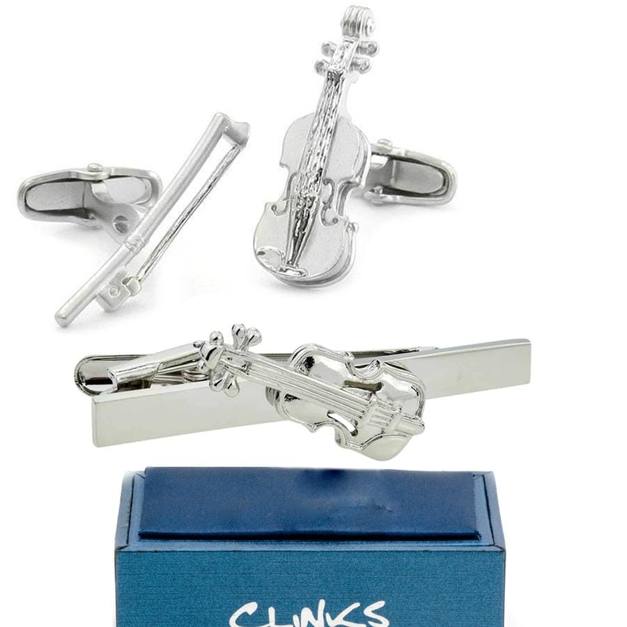 Violin Silver Cufflinks & Tie Clip Set Gift Set Clinks Australia 