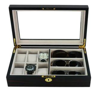 Ebony Wooden Watch Box for 6 Watches + 3 Sunglasses Watch Boxes Clinks 