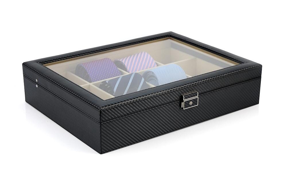 Carbon Fibre Leather Tie Box for 12 Storage Boxes Clinks 