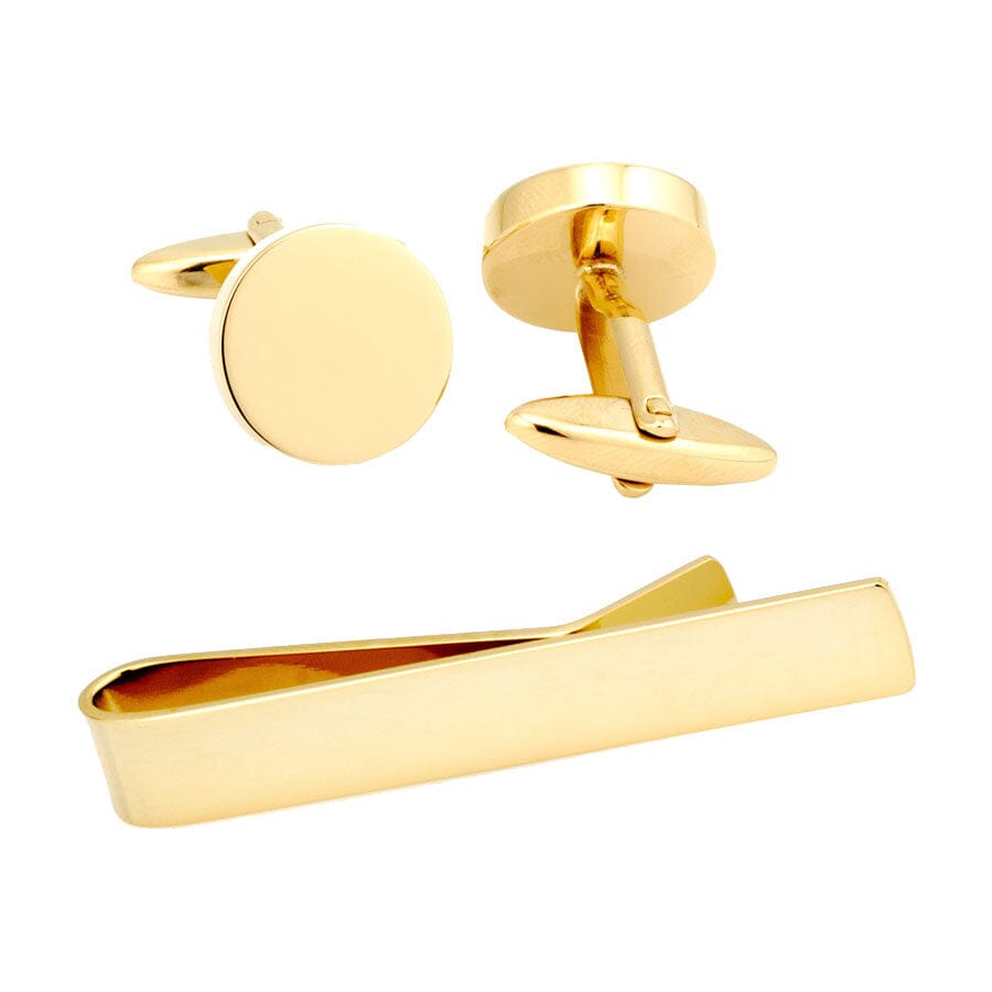 Shiny Round Gold Cufflinks & Tie Bar Set Gift Set Clinks Australia 