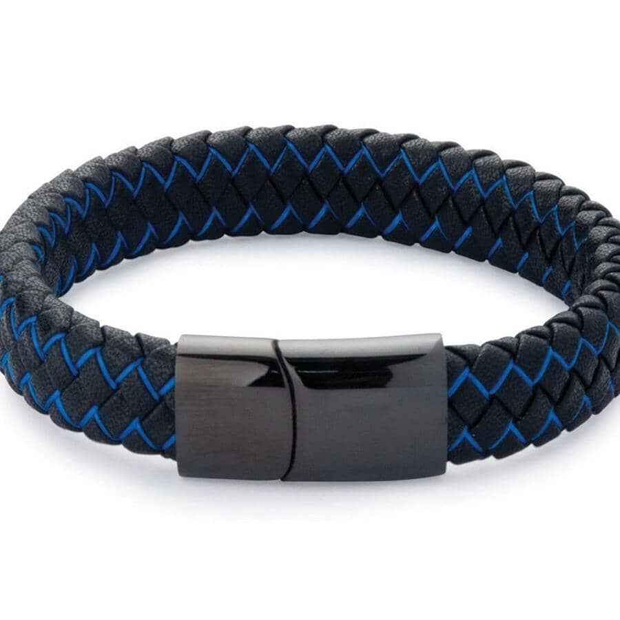 Black Leather and Blue Wire Bracelet -Black Clasp Bracelet Clinks Australia 