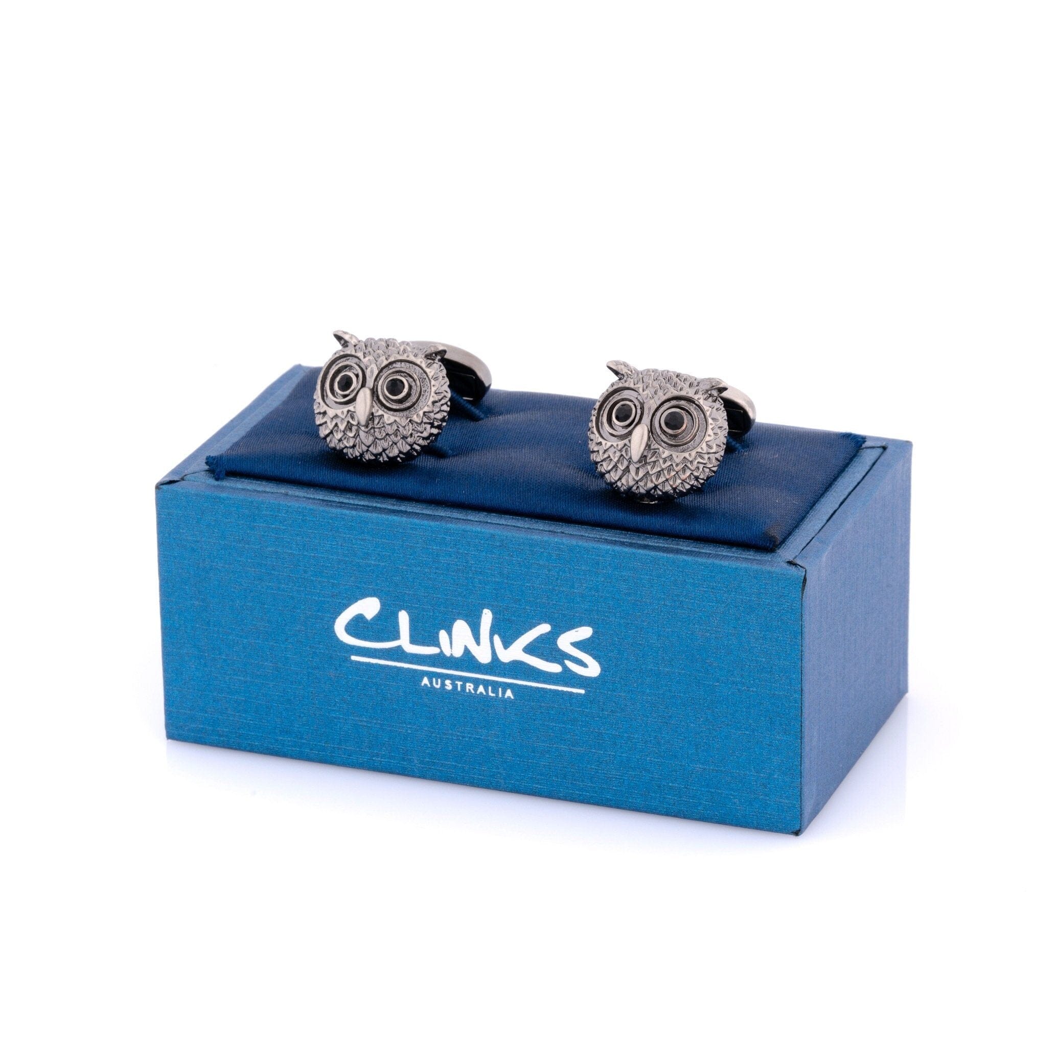Silver Textured Owl Head Cufflinks with Black Crystal Eyes Novelty Cufflinks Clinks Australia 