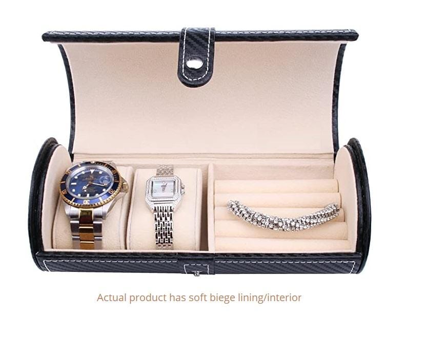 Cufflinks and Watch Roll Case in Black Carbon Fibre Vegan Leather Watch Boxes Clinks 