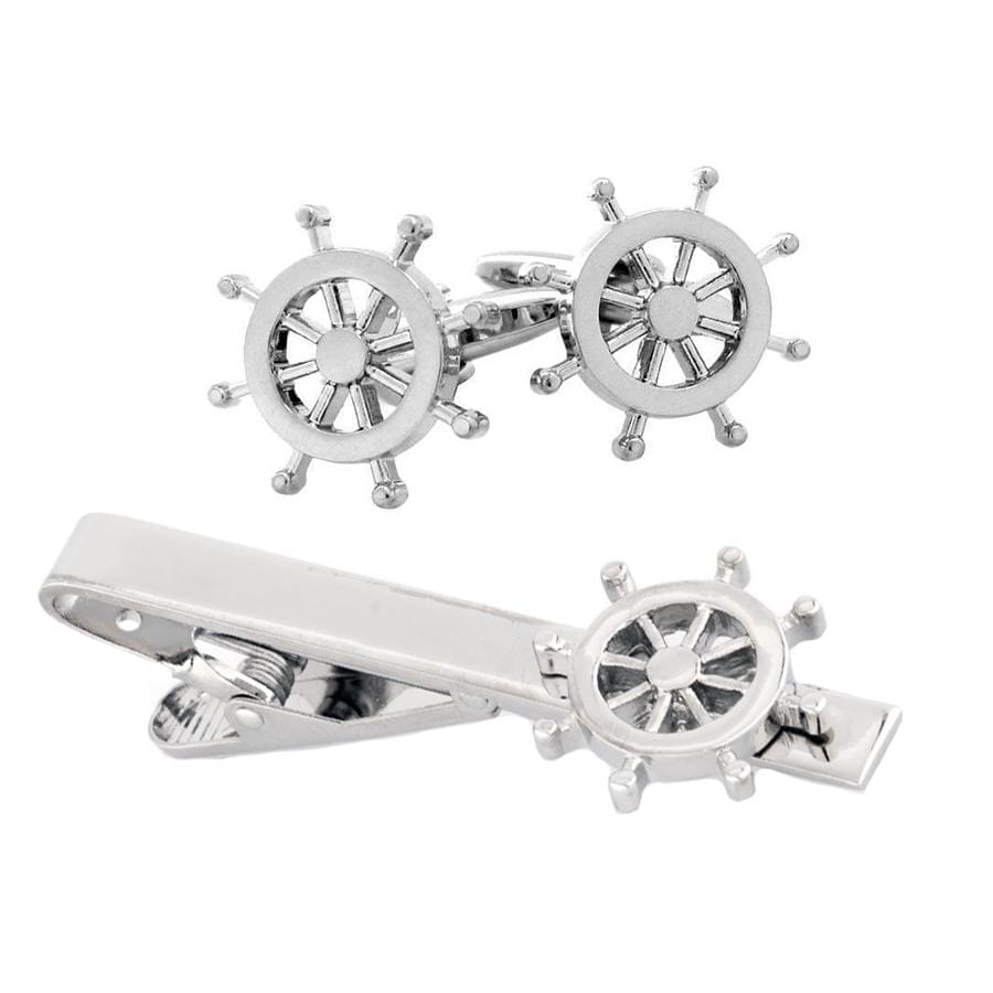Silver Helm Ships Wheel Cufflinks & Tie Clip Set Gift Set Cuffed.com.au Default 