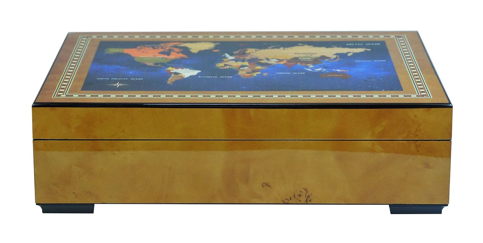 World Map Burl Wooden Watch Box for 6 Watches + Jewellery Watch Boxes Clinks 