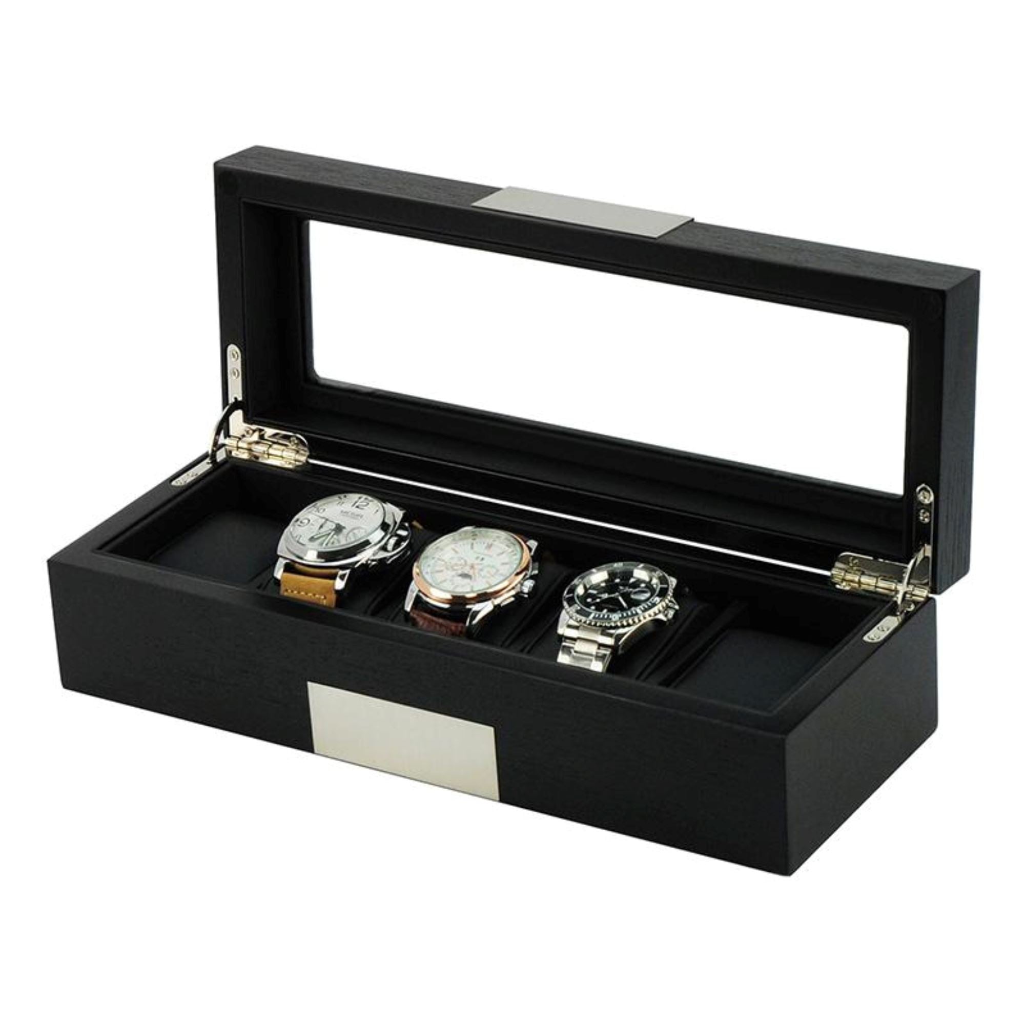 5 Slots Black Wooden Watch Box Watch Boxes Clinks 