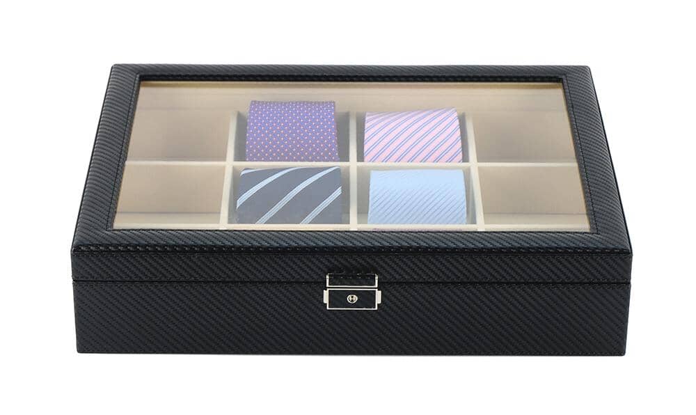 Carbon Fibre Leather Tie Box for 12 Storage Boxes Clinks 
