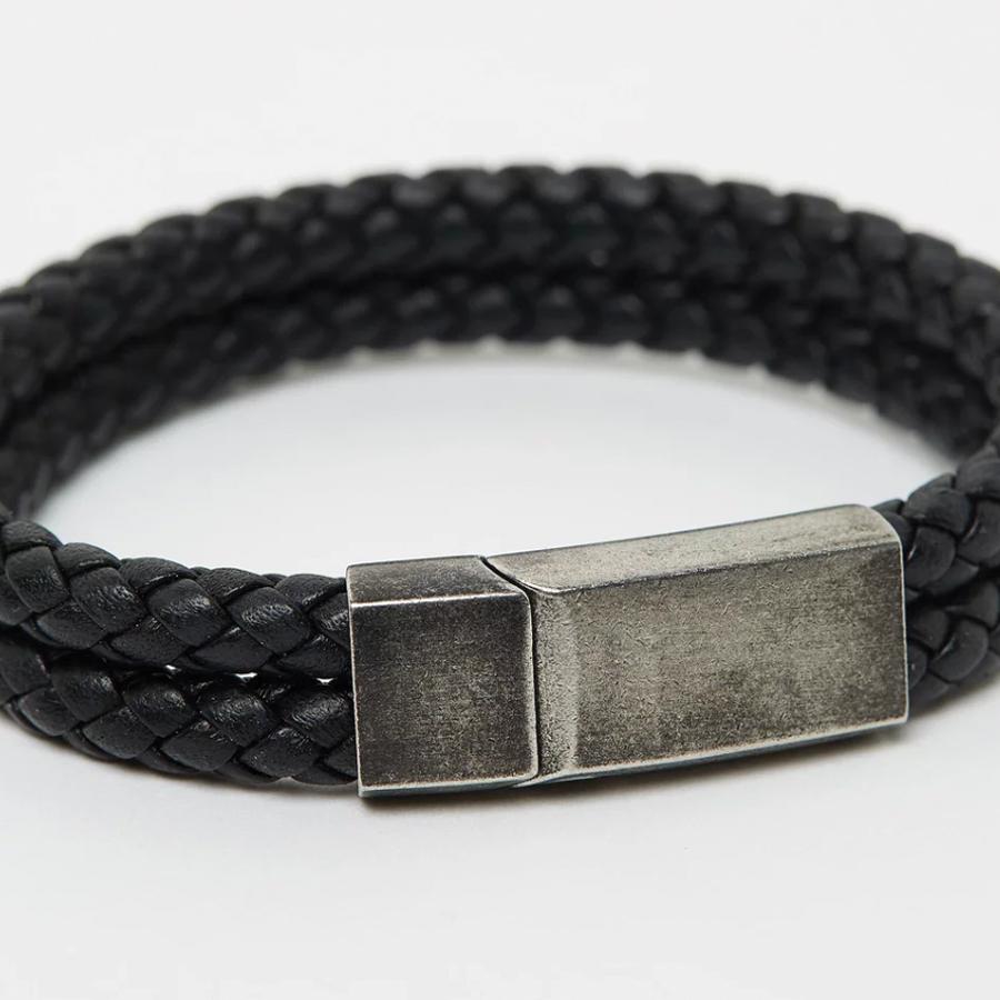Double Black Leather Weave Bracelet - Aged Steel Clasp Bracelet Clinks Australia 