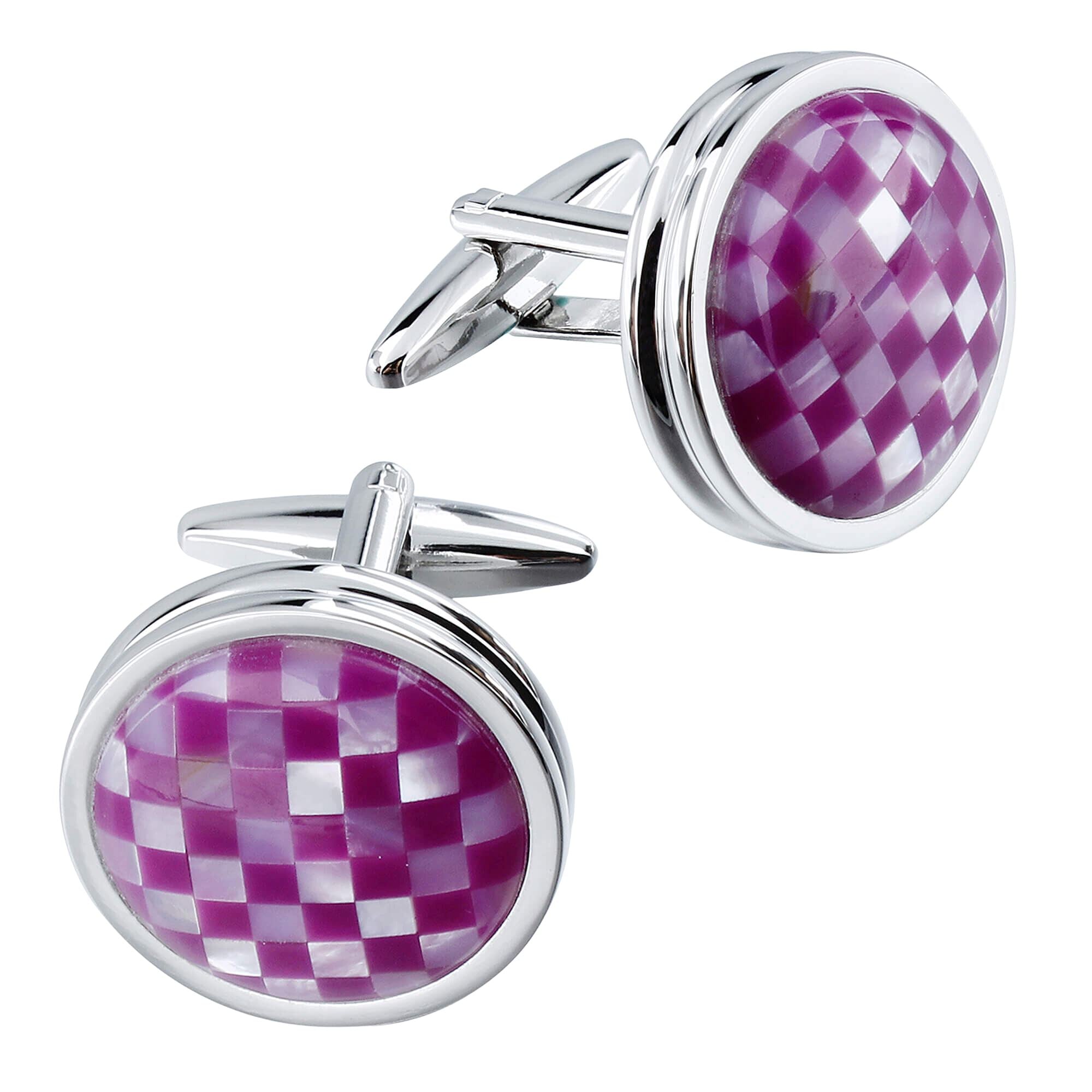 Mother of Pearl and Purple Checkerboard in Round Silver Cufflinks Classic & Modern Cufflinks Clinks Australia 